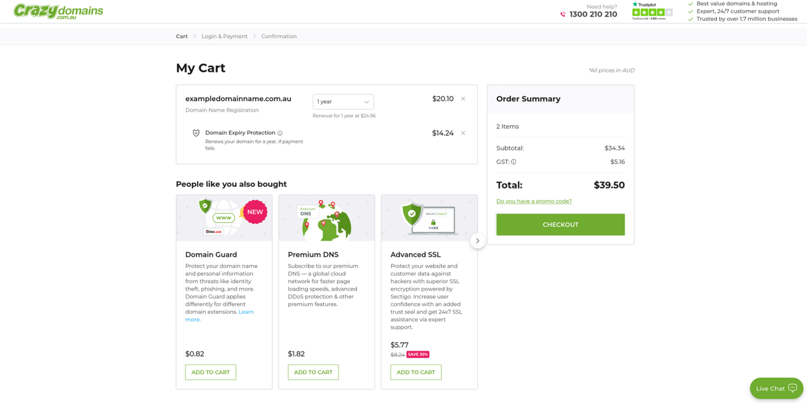Screenshot of Domain Guard being suggeted to purchase from Crazy Domains in the Your Order screen while we only have an .au domain in the cart.